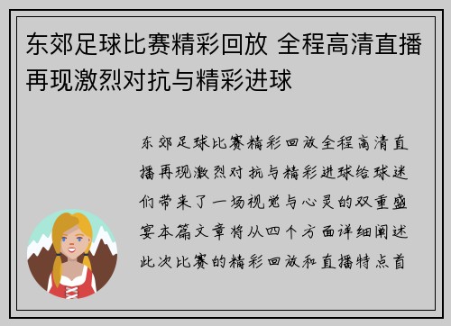 东郊足球比赛精彩回放 全程高清直播再现激烈对抗与精彩进球